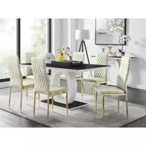 Furniturebox UK - Furniturebox Giovani 6 Black Dining Table & 6 Cream Milan Velvet Dining Chairs With Gold Legs Diamond Stitch Modern Contemporary