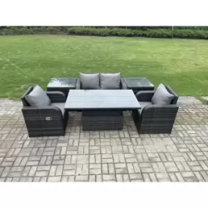 Fimous 4 Seater Outdoor Dark Grey Rattan Lounge Sofa Complete Set with Adjustable Dining Table and 2 Side Tables