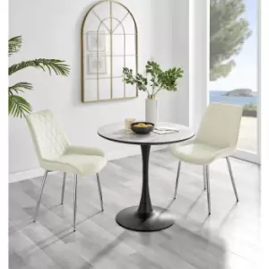 Furniturebox Elina White Marble Effect Modern 80cm Round Dining Table & 2 Cream Pesaro Silver Leg Velvet Chairs