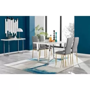 Furniture Box Kylo White High Gloss Dining Table and 4 Grey Milan Gold Leg Chairs