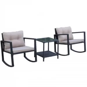 Outsunny 3Pcs Rattan Rocking Set Patio Bistro Table Chairs Conversation w/ Cushion