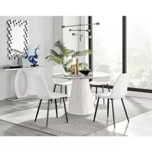 Furniturebox Palma White Marble Effect 120cm Round Minimalist Dining Table & 4 White Corona Faux Leather Dining Chairs with Black Legs Diamond Stitch