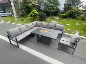 Fimous 7 Seater Outdoor Dark Grey Aluminum Lounge Complete Sofa Set with Gas Fire Pit and Tempered Glass Dining Table