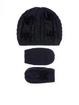 Monsoon Baby Girls Recycled Beanie & Mitten Set - Navy, Size 0-12 Months