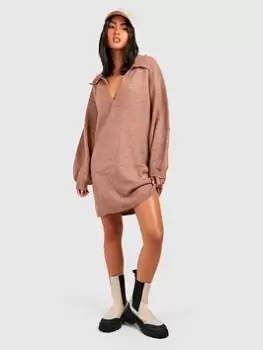 Boohoo Polo Neck Oversized Knitted Jumper Dress - Camel, Beige, Size L, Women