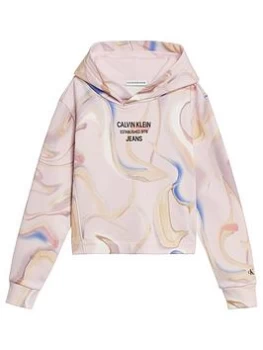 Calvin Klein Jeans Girls Liquid Print Hoodie - Pink, Size Age: 14 Years, Women