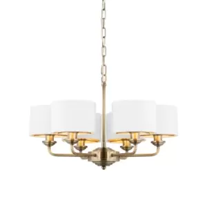 Highclere Multi Arm Shade Pendant Ceiling Lamp, Antique Brass Plate, Vintage White Fabric