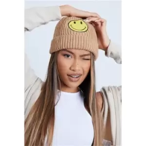 I Saw It First Stone Smiley Badge Beanie Hat - Brown