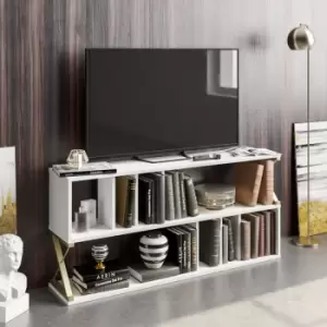 Decorotika Termas 140 Cm TV Stand, TV Unit, TV Console, TV Cabinet With Open Shelves - White And Gold