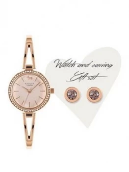 Radley Mother Of Pearl Crystal Set Dial Rose Gold Stainless Steel Bangle Ladies Watch And Rose Gold Crystal Earrings Gift Set