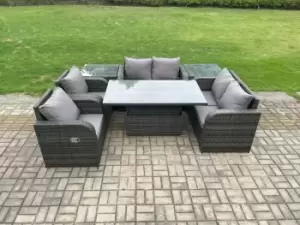 Fimous 6 Seater Outdoor Dark Grey Rattan Lounge Sofa Complete Set with Adjustable Table and 2 Side Tables