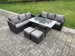 Fimous 6 Seater Outdoor Dark Grey Rattan Garden Furniture with Rectangular Dining Table, and 2 Stools