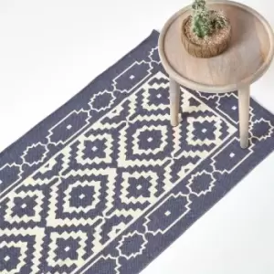 Halmstad Blue and White Scandi Style 100% Cotton Printed Rug, 66 x 200cm - Blue - Homescapes