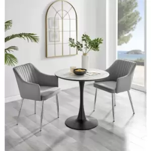 Furniturebox UK - Furniturebox Elina White Marble Effect Modern 80cm Round Dining Table & 2 Grey Calla Silver Leg Velvet Chairs