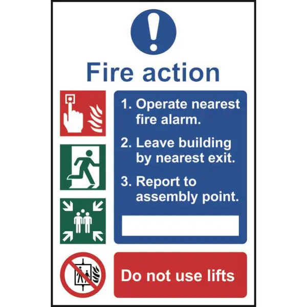 Fire Action Sign with Symbols - 1mm Rigid PVC Board - 300 x 200mm