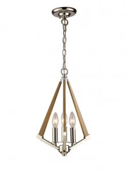 Tetragonal Caged Ceiling Pendant 3 Light E14 Polished Nickel, Taupe Wood