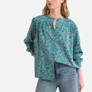 Xala Floral Cotton Blouse with Crew Neck and Long Sleeves