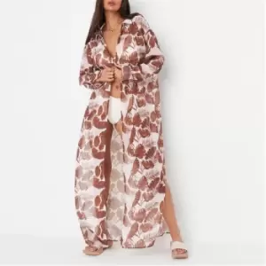 Missguided Palm Print Sheer Mesh Maxi Beach Cover Up Shirt - Brown