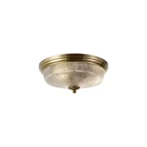 DeRuyter 2 Light E27 Flush Ceiling Lamp, Antique Brass, Prismatic Glass