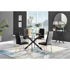 Furniture Box Novara Black Leg 120Cm Round Glass Dining Table and 4 Black Velvet Milan Gold Leg Chairs