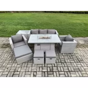 Fimous 5 Seater Outdoor Light Grey Rattan Lounge Sofa Complete Set with Gas Fire Pit, Side Table, 2 Stools and Big Footstool