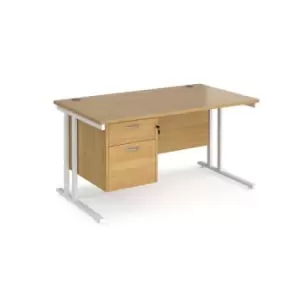 Office Desk Rectangular Desk 1400mm With Pedestal Oak Top With White Frame 800mm Depth Maestro 25 MC14P2WHO