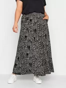 Yours Patchwork Print Maxi Skirt - Black, Size 26-28, Women