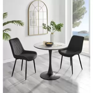 Furniturebox UK - Furniturebox Elina White Marble Effect Modern 80cm Round Dining Table & 2 Black Pesaro Black Leg Velvet Chairs