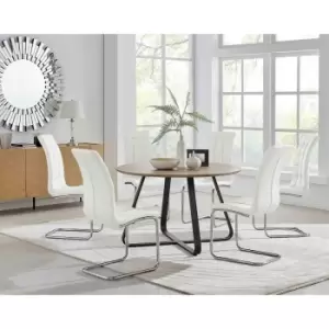 Furniture Box Santorini Brown Round Dining Table and 6 White Murano Chairs