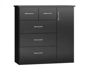 Seconique Nevada Black High Gloss 1 Door 5 Drawer Chest of Drawers