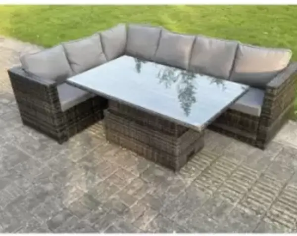 Fimous 6 Seater Outdoor Dark Grey Rattan Lounge Complete Sofa Set with Adjustable Dining Table