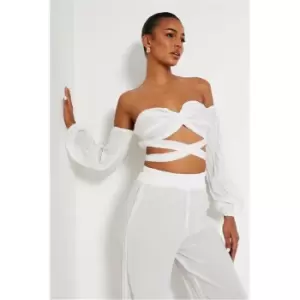 I Saw It First White Textured Off The Shoulder Long Sleeve Crop Top Co-Ord - White