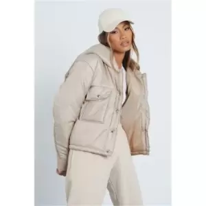 I Saw It First Stone Utility Pocket Padded Jacket With Hood - Brown