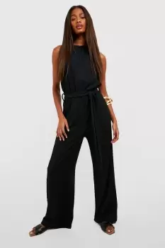 Textured Halterneck Belted Wide Leg Jumpsuit