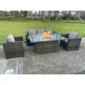 Fimous 5 Seater Outdoor Dark Grey Wicker Rattan Lounge Complete Sofa Set with Gas Fire Pit Table Heater