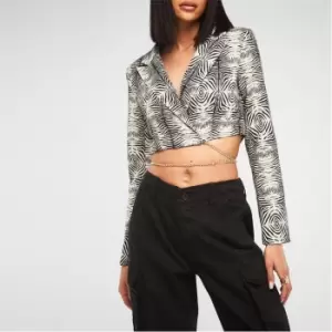 Missguided Zebra Print Chain Detail Crop Blazer - Cream