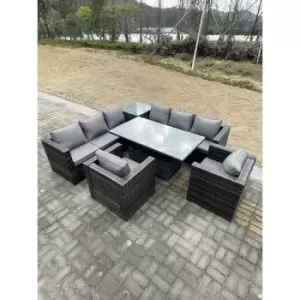 Fimous 8 Seater Outdoor PE Rattan Lounge Complete Sofa Set with Rising Adjustable Dining Table High Side Coffee Table 2 Armchairs