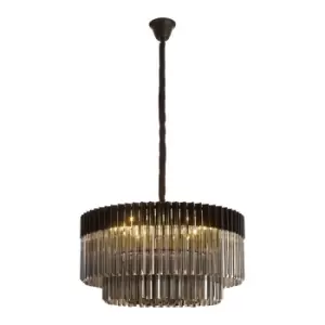 Poland Ceiling Pendant Round 12 Light E14, Matt Black, Smoke Sculpted Glass, Item Weight: 25.4kg