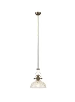 Dome Ceiling Pendant With 30cm Flat Round Patterned Shade, 1 x E27, Antique Brass, Clear Glass