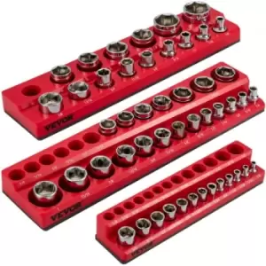 VEVOR 3 Pack SAE Magnetic Socket Organizers, 1/2-inch, 3/8-inch, 1/4-inch Drive Socket Holders Hold 68 Sockets, Red Tool Box Organizer for Sockets Sto