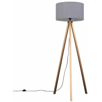 Copper Wood Tripod Floor Lamp with Drum Shade - Grey