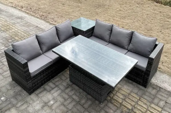 Fimous 6 Seater Outdoor Dark Grey Rattan Lounge Complete Sofa Set with Rising Adjustable Dining Table and High Side Table