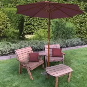 Charles Taylor Grand Twin Angled with Coffee Table and Burgundy Parasol and Cushions