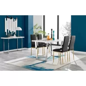 Furniture Box Kylo White High Gloss Dining Table and 4 Black Milan Gold Leg Chairs