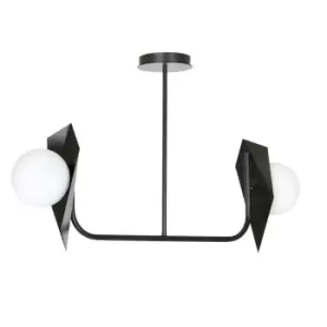 Thord Black DesignerSemi Flush Light with White Glass Shades, 2x E14