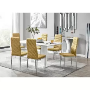 Furniturebox UK - Furniturebox Imperia 6 High Gloss White Modern Dining Table and 6 Mustard Milan Faux Leather Dining Chairs With Silver Legs Diamond