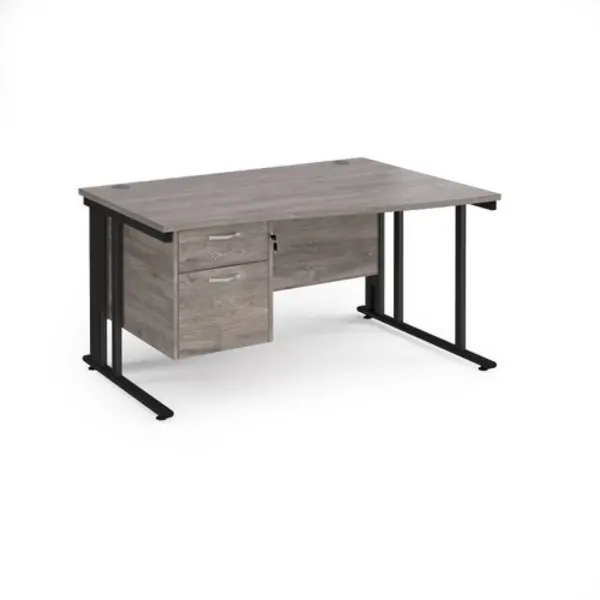 Maestro 25 right hand wave desk 1400mm wide with 2 drawer pedestal - Black cable managed leg frame, grey oak top