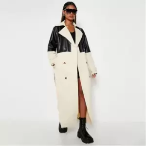 I Saw It First Faux Leather Contrast Belted Trench Coat - Neutral