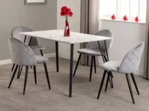 Seconique Marlow White Marble Effect Dining Table and 4 Grey Velvet Chairs