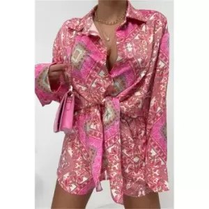 I Saw It First Pink Scarf Print Knot Front Shirt - Pink